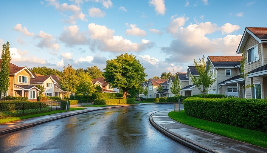 Suburban street with modern houses, wet pavement, exclusive right to sell agreement.