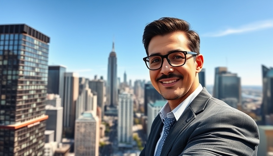 Urban skyline and real estate agent symbolizing trust in real estate.