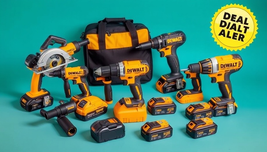 Free DeWalt power tools with deal alert badge.