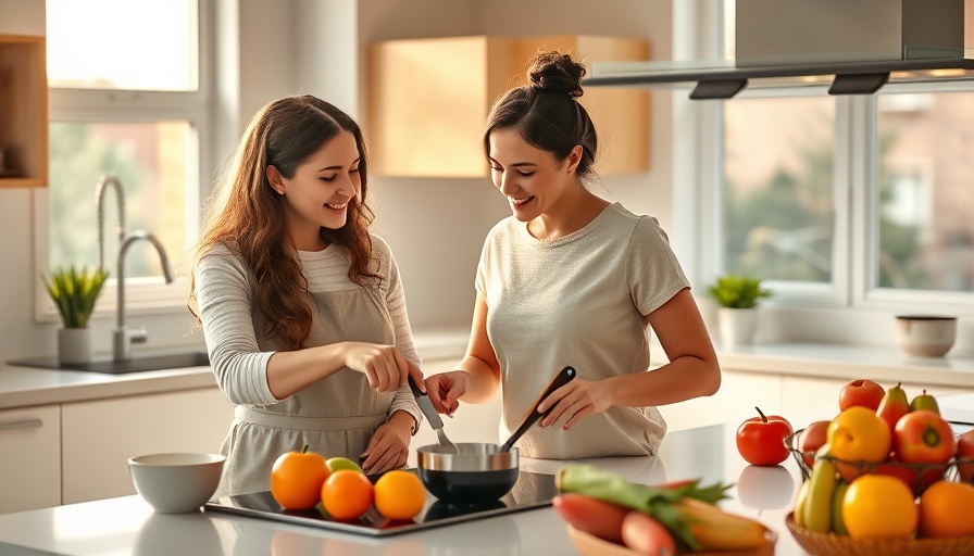 Induction stove tips: cheerful cooking duo in a sunny kitchen.
