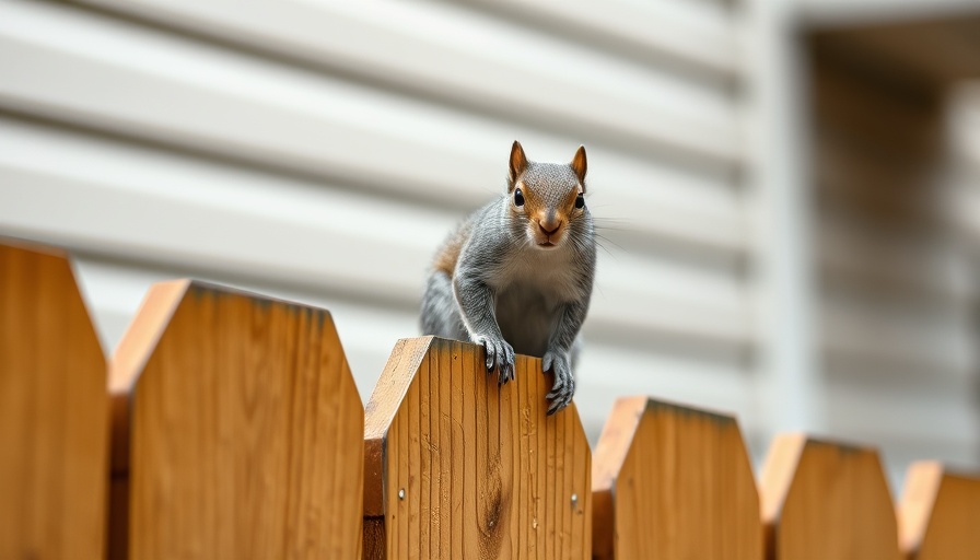 Alert gray squirrel on a wooden fence in a backyard setting.