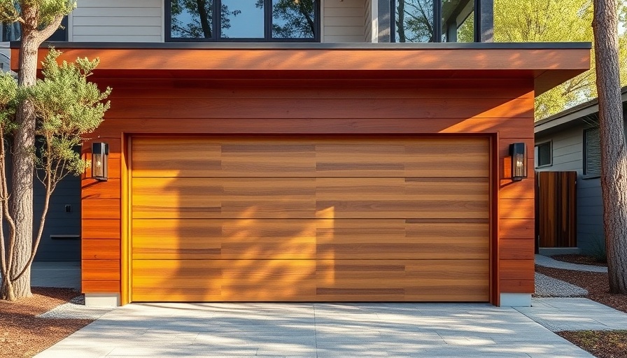 Contemporary home with a modern wooden garage door in Houston.