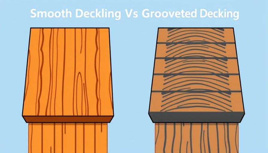 Infographic comparing smooth decking vs grooved decking with vibrant design.