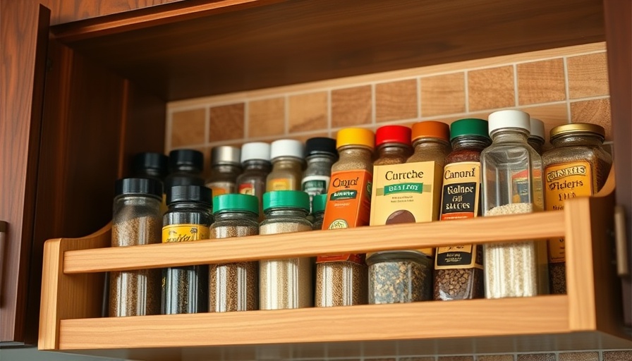 Organized expandable spice rack in a wooden kitchen cabinet.