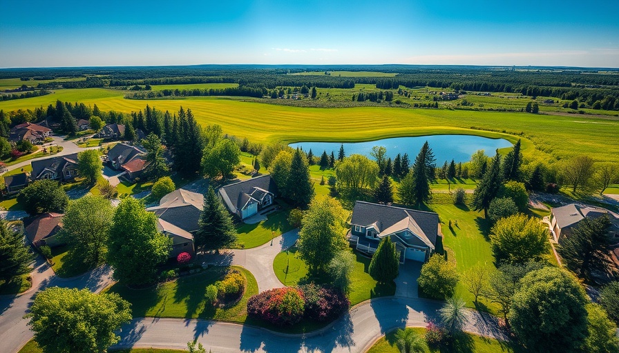 Aerial view of a residential neighborhood with a property near a lake.
