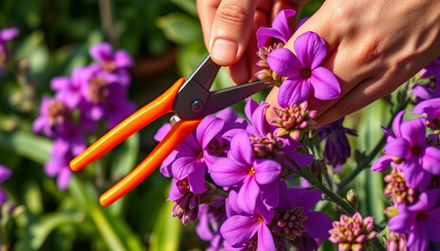 Deadheading flowers with pruning shears in a garden