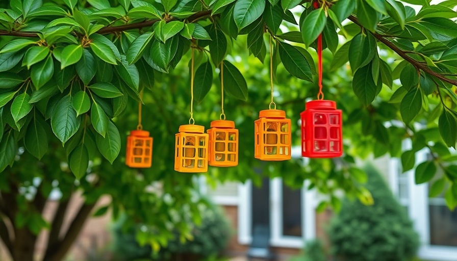 Colorful wasp traps in a tree for best wasp traps for homeowners.