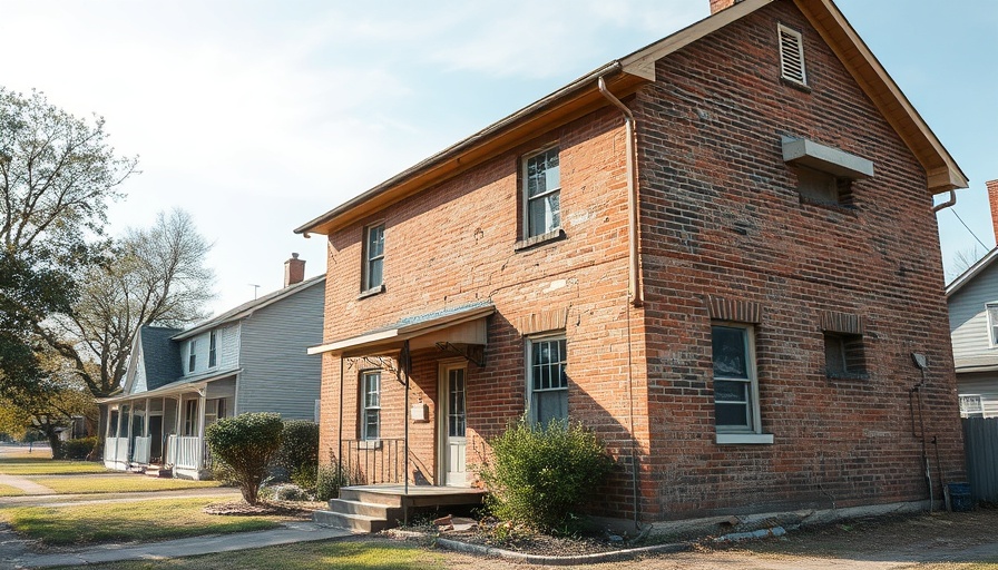 Old brick house needing repairs in suburban setting.