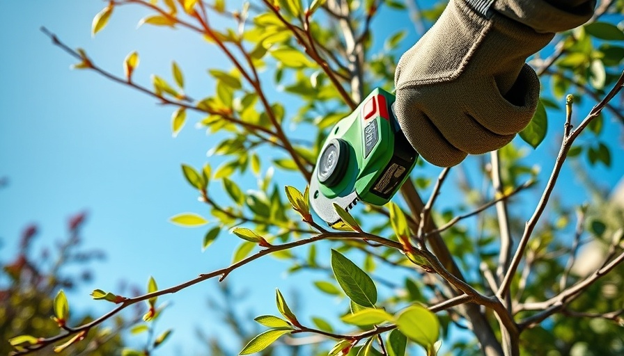 Electric pruner trimming tree for health and growth, sunny garden.