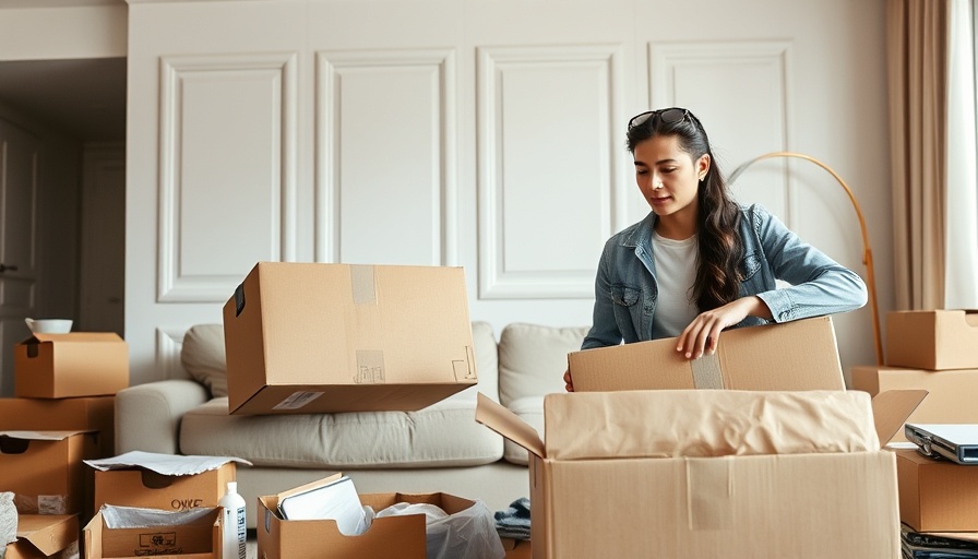 Young couple organizing moving boxes, simplifying your move theme.