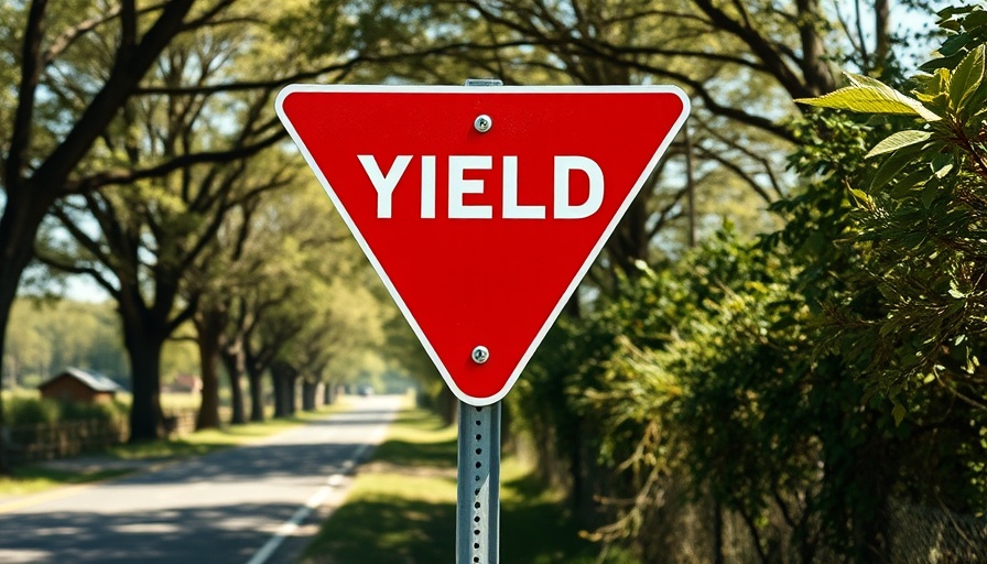 Yield sign illustrating right of way laws while driving, rural background.