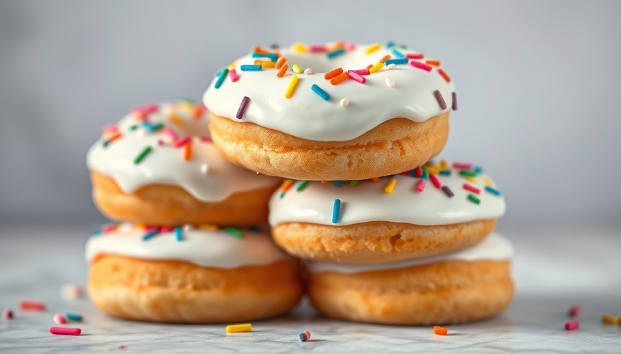 Frosted vanilla protein donuts with sprinkles.