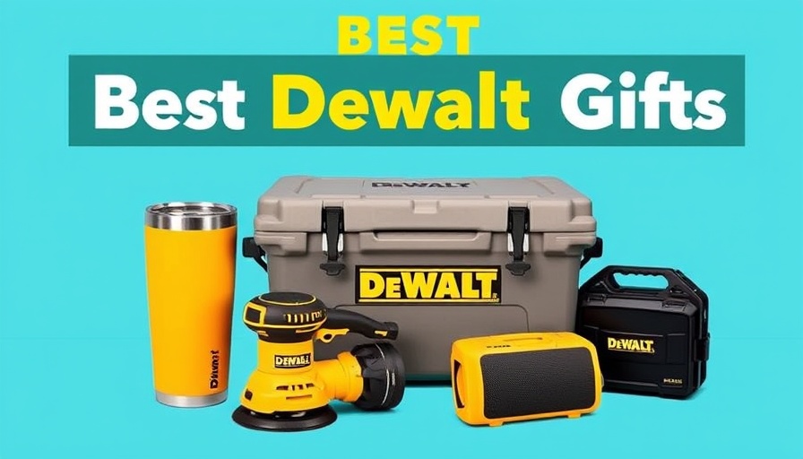 Best gifts for DeWalt fans: tumbler, sander, cooler, speaker.