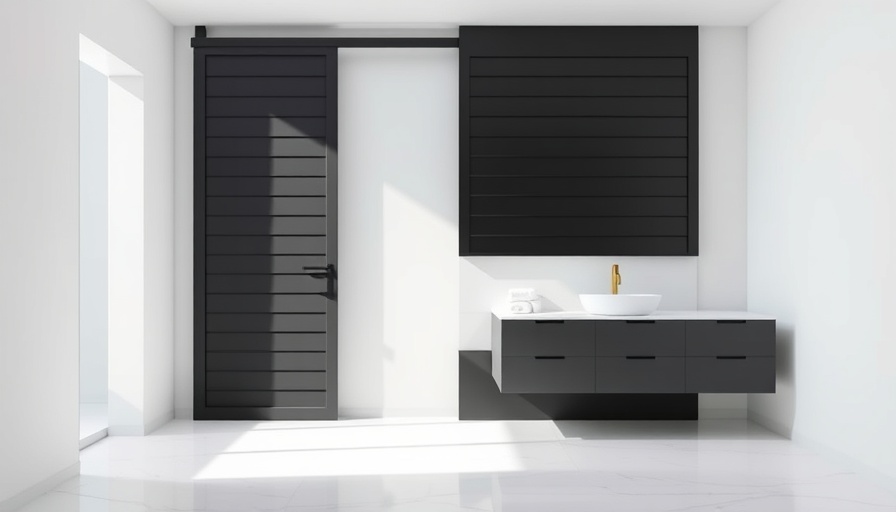 Modern bathroom featuring sleek black door and elegant vanity.