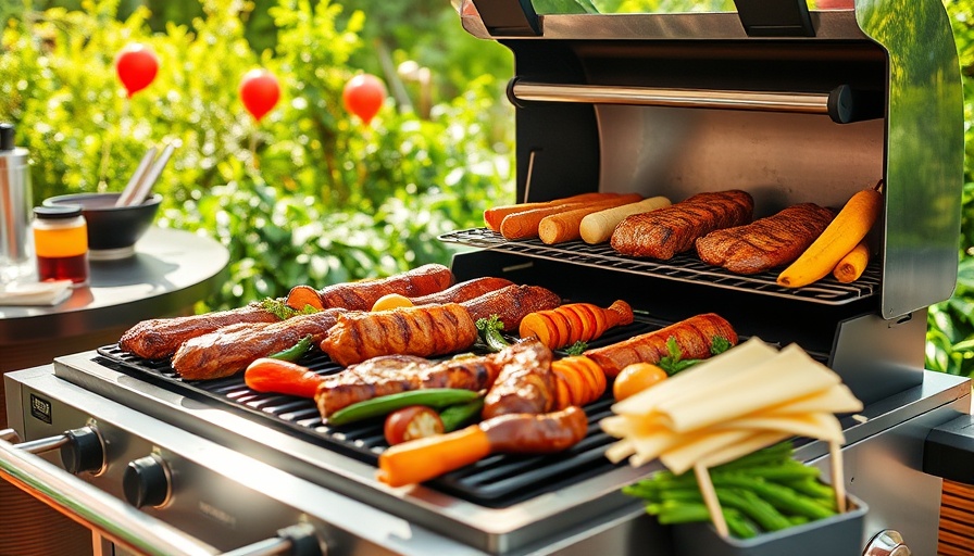 Labor Day grill deals on a modern grill with meats and veggies outdoors.