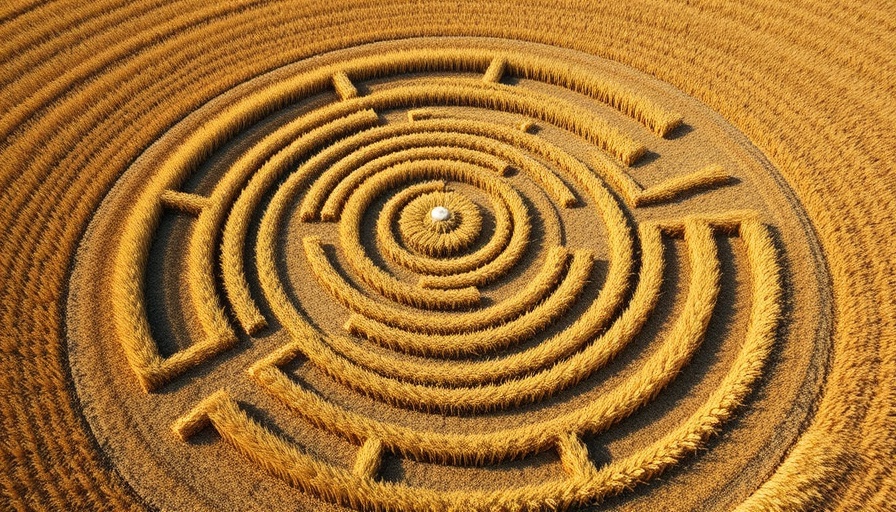 Intricate spiral crop circles in golden wheat field, aerial view.