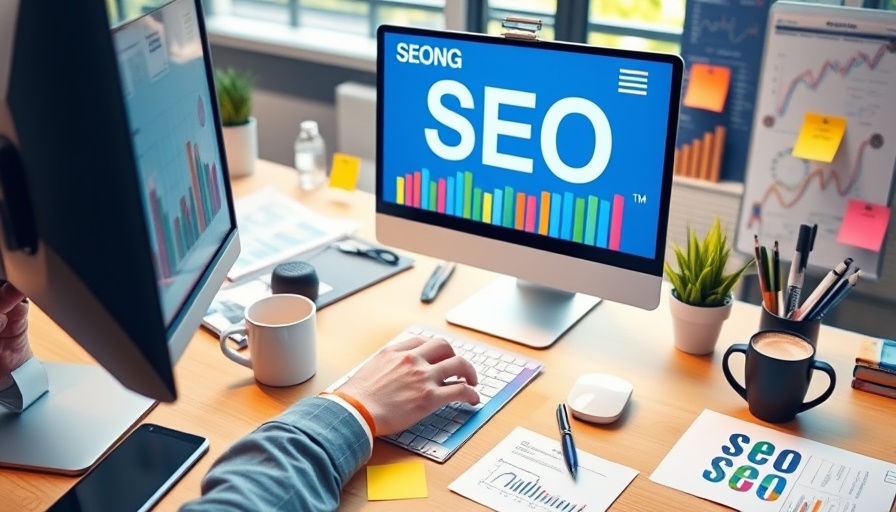 Vibrant SEO workspace with computer screen and desk items.