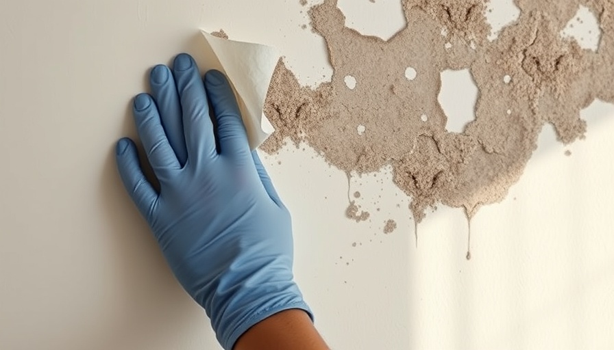 Gloved hand peeling wallpaper to reveal mold.