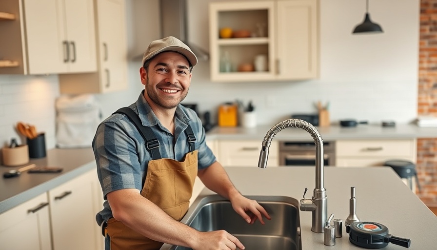 Friendly plumber providing plumbing solutions in a modern kitchen.