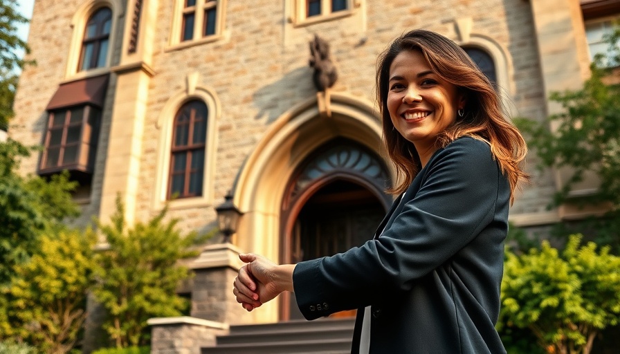 Smiling woman shakes hands in front of historic building.