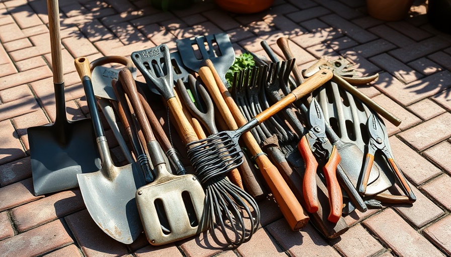 Essential gardening tools for homeowners arranged on brick patio.