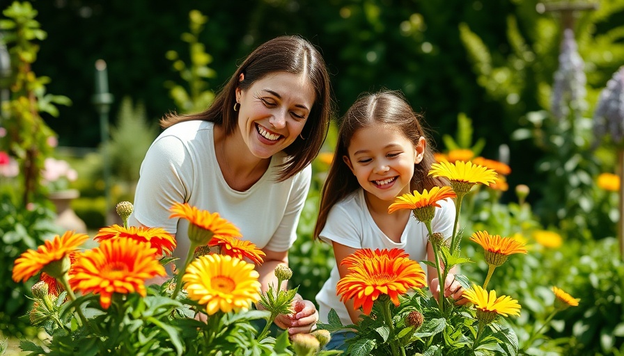 Mother and daughter enjoying long-blooming perennial flowers in garden