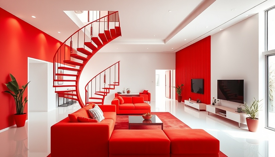 Modern living room with red furniture and spiral staircase, upgrades to modernize.