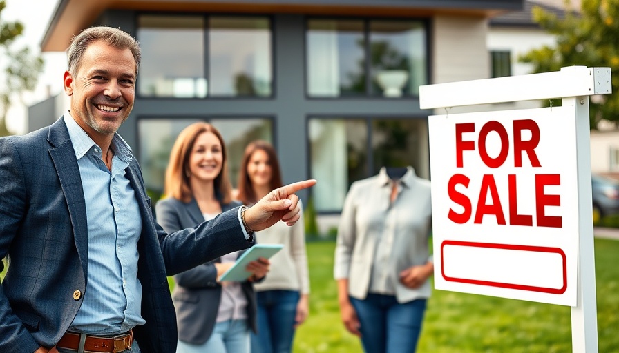 Selling a home for job relocation; real estate agent and couple at modern house.
