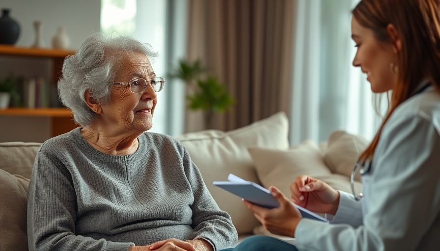Elderly woman and doctor discussing home-based primary care benefits.