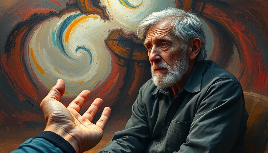 Expressive oil painting of an older man and reaching hand, symbolizing vulnerability and mental health.