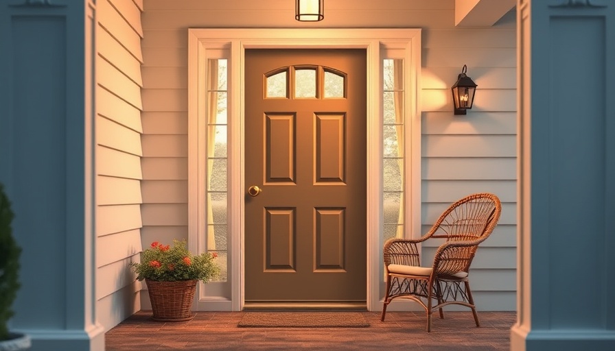 Charming fiberglass front door with glass panels, inviting entrance.