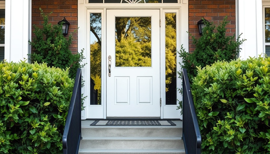 Stylish white storm door reflecting greenery with bushes, showcasing insulation.