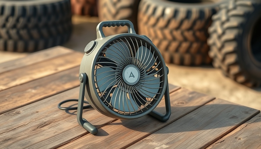 Efficient portable fan for camping on a wooden table outdoors.
