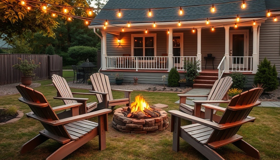 Charming backyard with fire pit and Adirondack chairs, ideal for home improvement ideas.
