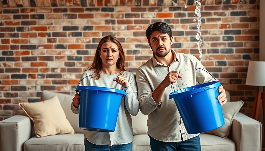 Concerned couple using buckets to catch water from ceiling leak, seeking professional water damage recovery services.
