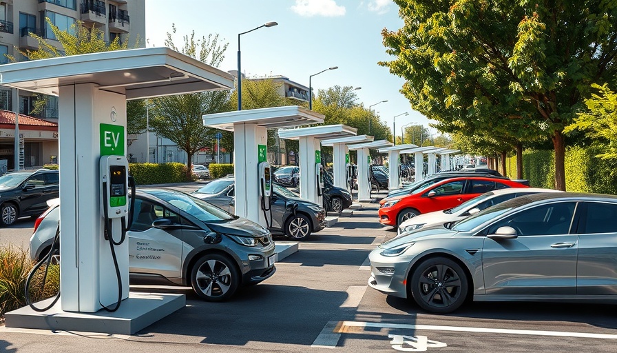 Multiple EV charging stations with cars, illustrating clean energy.