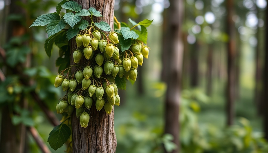 Vibrant hops plants entangle on a post in a forest, showing nature's detail.