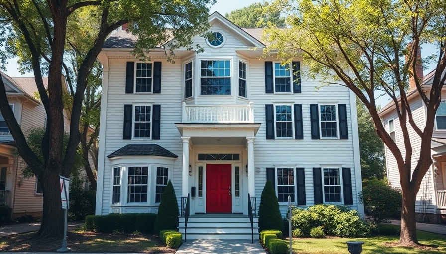 Beautiful colonial house with a bay window and red door in Garland.