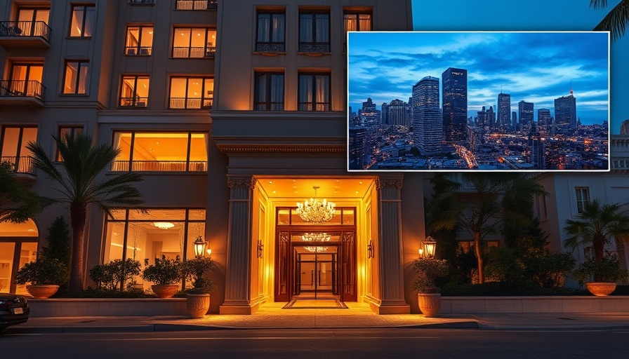 Grand entrance of Ritz Mansions with cityscape, luxury living.