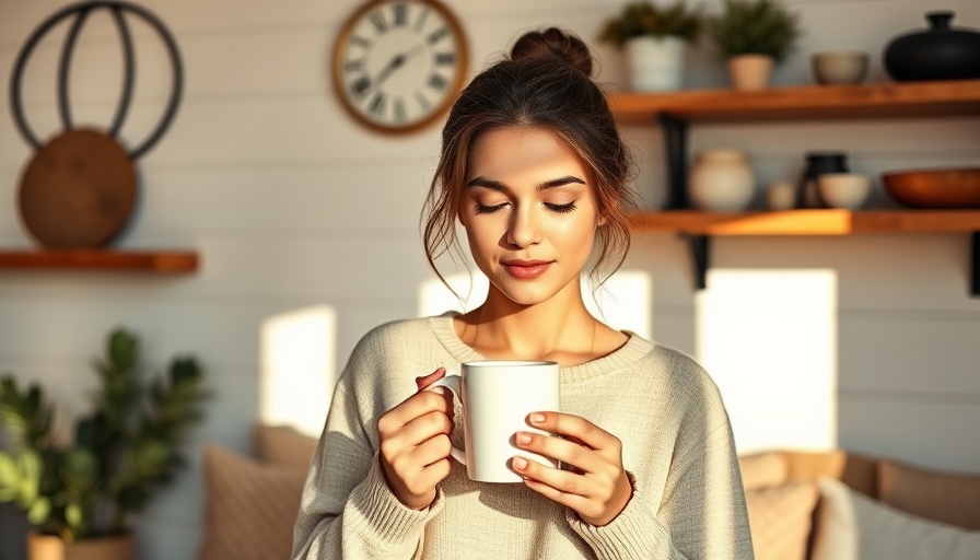 Serene young woman enjoying soft mornings in a rustic kitchen.