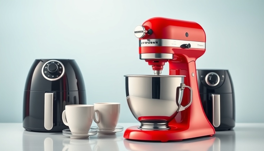 Labor Day kitchen appliance deals display with mixer, air fryer, and coffee machine.