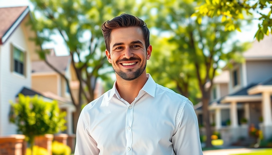 Confident man in front of suburban homes, discussing 7 C's of successful real estate agents