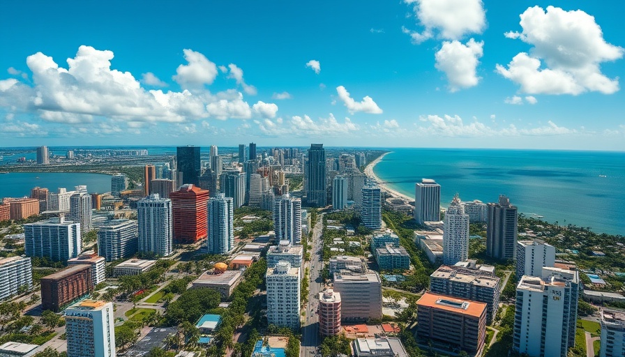 Aerial view of Miami's urban skyline with palm trees and bright sky.
