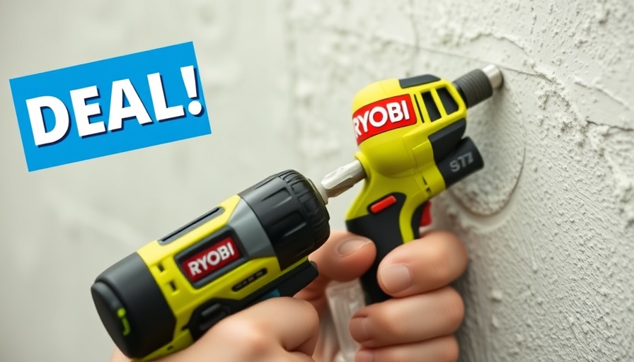 Person using Ryobi drill with deal alert, Ryobi Drill Kit Sale.