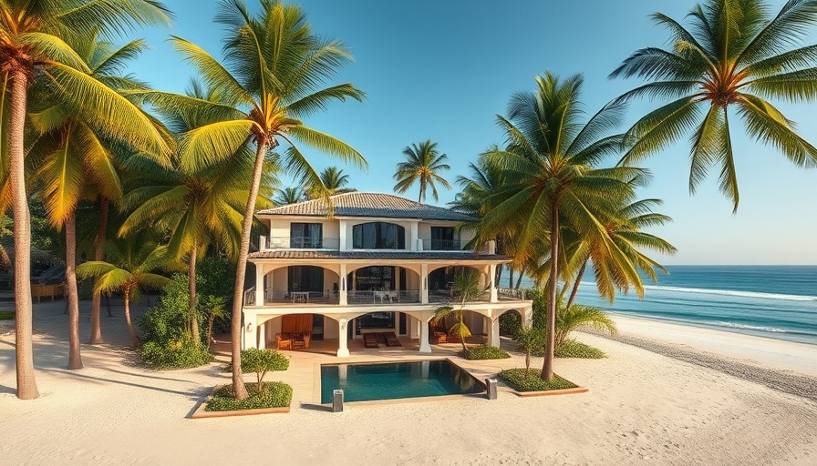 Aerial view of Kempa Kai Beachfront Retreat Grand Cayman with palm trees and pool.