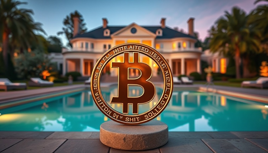 Bitcoin symbol over luxury mansion representing Christie's crypto real estate.