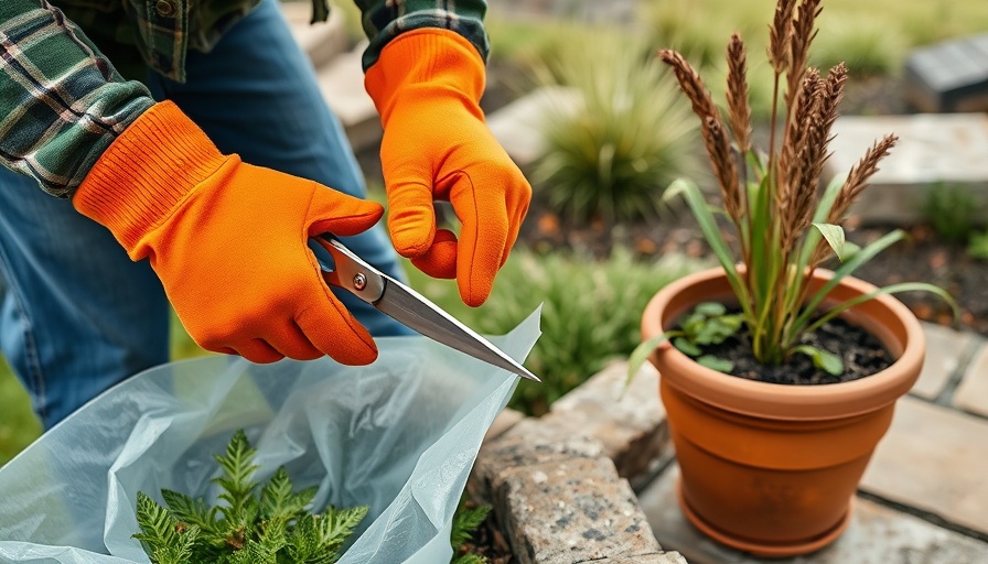 Person cutting landscape fabric with scissors near potted plant.