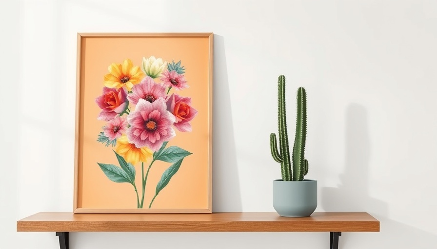 Framing and Printing Pictures Importance: Floral art and cactus on shelf.