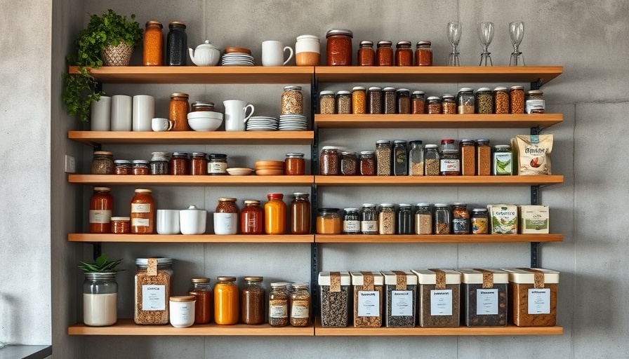 Organized pantry shelves with jars and packages in a modern kitchen.
