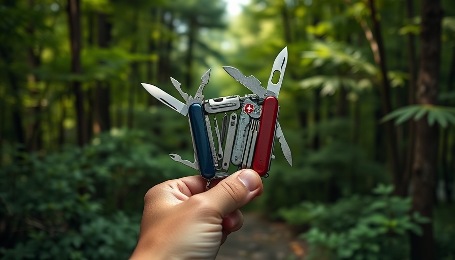 Swiss Army Knife in hand amidst greenery, showcasing its everyday uses.